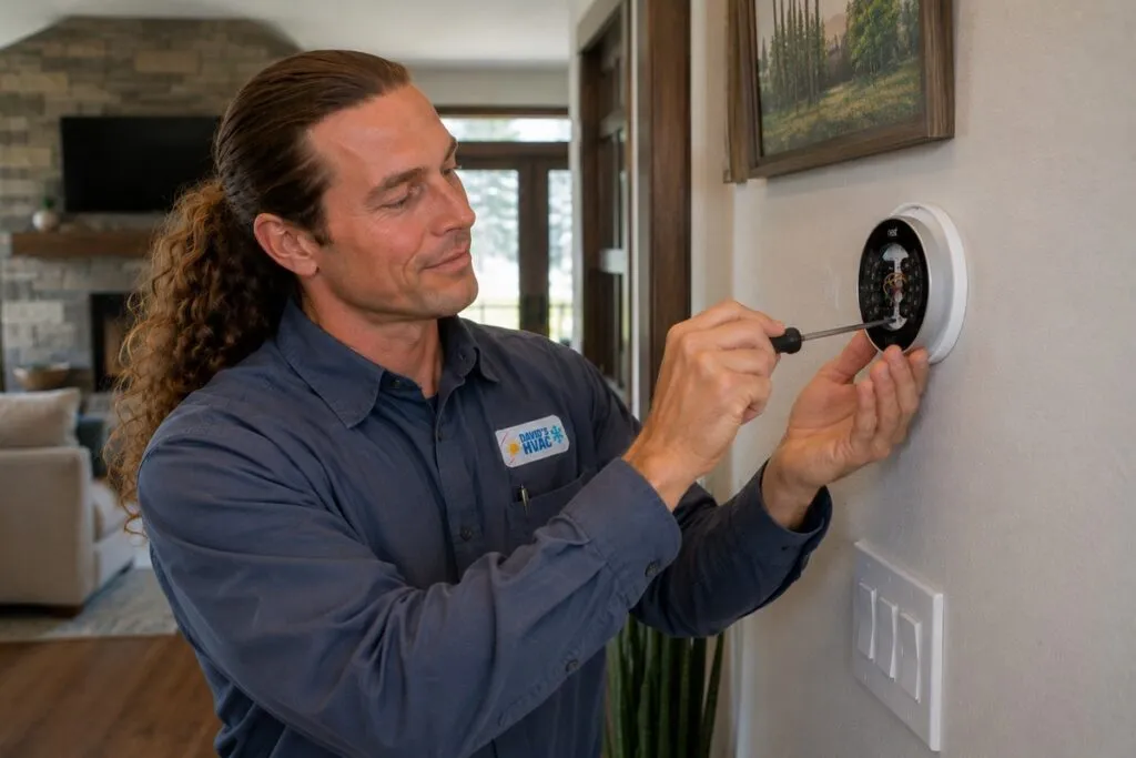 David from David's HVAC repairing a Nest smart thermostat during professional thermostat service.