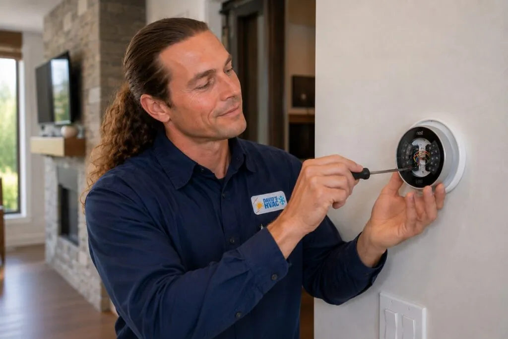 David from David's HVAC repairing a Nest smart thermostat during professional thermostat service.