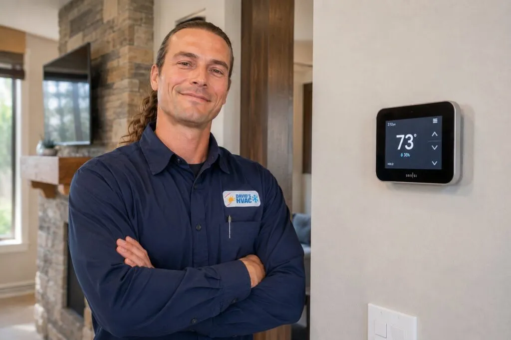 David from David's HVAC posing beside a Sensi digital thermostat after professional thermostat installation.