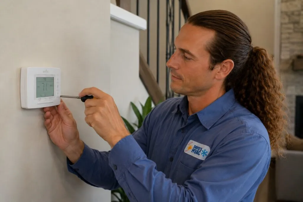 David from David's HVAC repairing a Sensi digital thermostat during professional thermostat service.