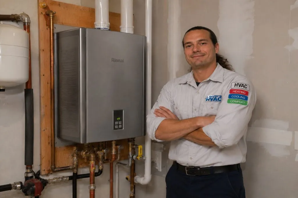 David from David's HVAC posing beside a professionally installed tankless water heater.
