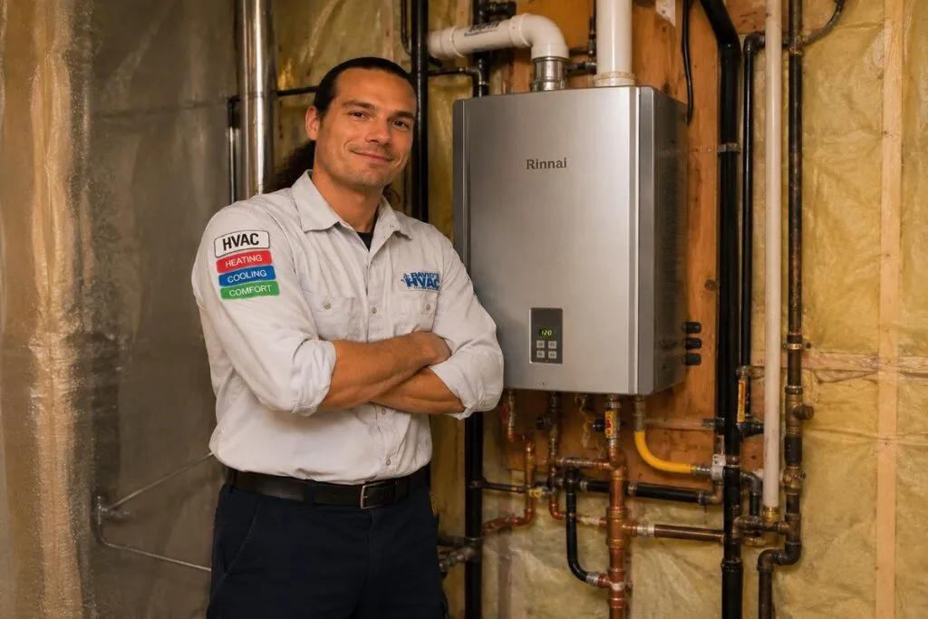 David from David's HVAC posing beside a tankless water heater after a professional installation.