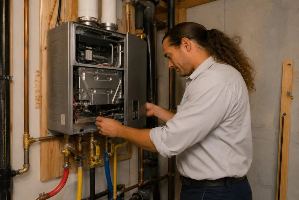 David from David's HVAC servicing a residential tankless water heater with professional repair and maintenance.