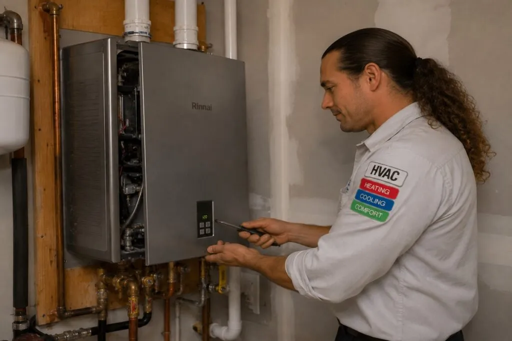 David from David's HVAC repairing a residential tankless water heater during a professional service visit.