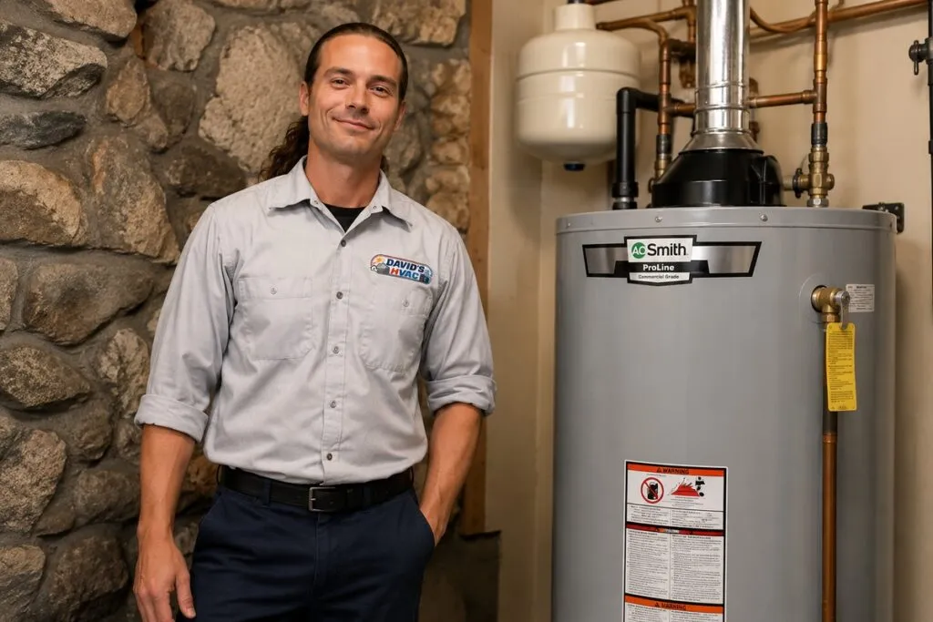 David from David's HVAC standing beside a residential water heater, showcasing professional water heater installation and replacement services.