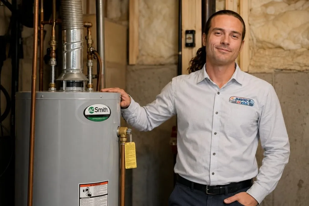 David from David's HVAC standing beside a residential water heater, providing professional water heater installation and repair services.