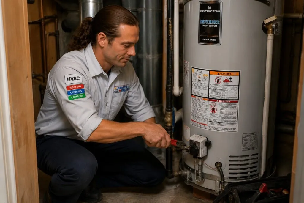 David from David's HVAC repairing a residential water heater during a professional service appointment.