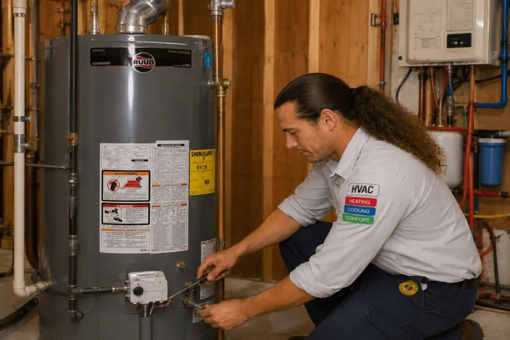 David from David's HVAC repairing a residential water heater with professional service and maintenance.
