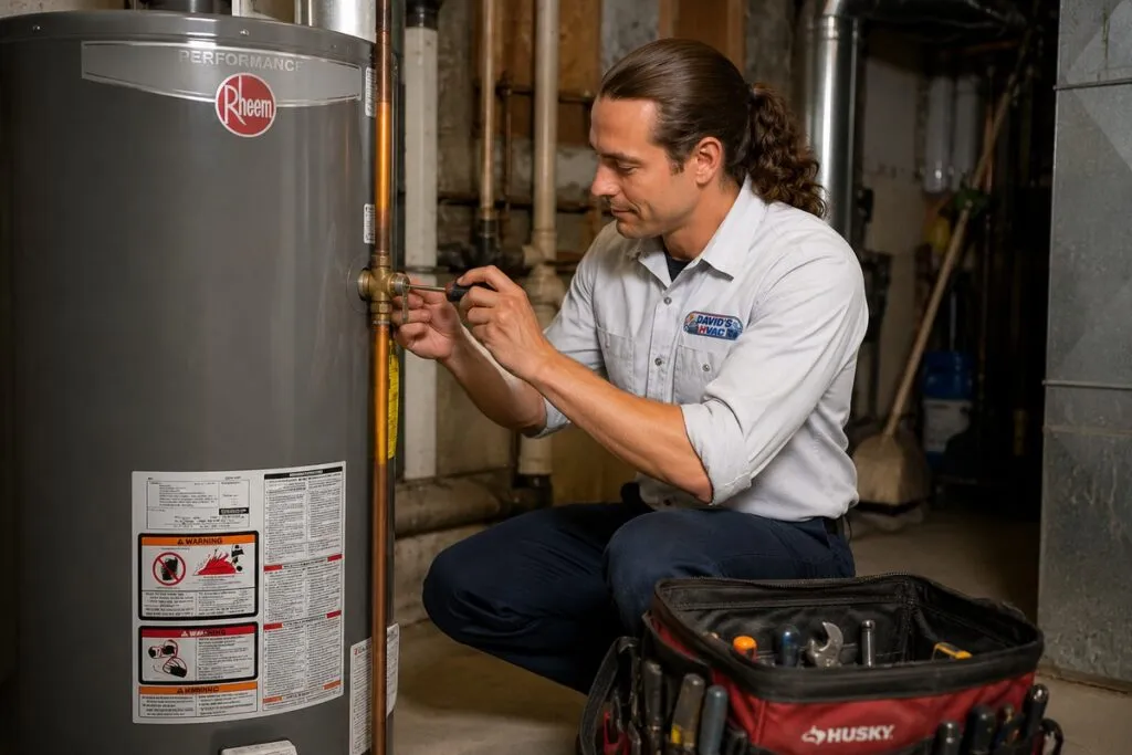 David from David's HVAC repairing a residential water heater with professional tools during a service visit.