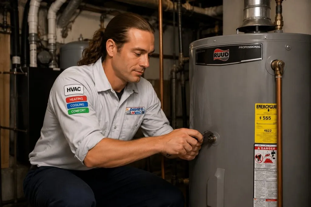 David from David's HVAC servicing a residential water heater with professional repair and maintenance.