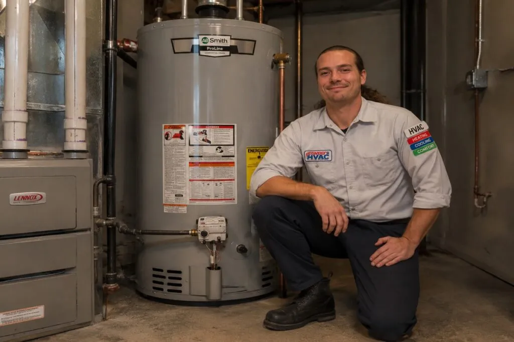 David from David's HVAC posing beside a residential water heater after completing a professional installation.