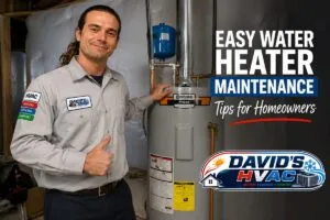 David's HVAC technician providing water heater maintenance for homeowners.