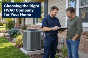 HVAC technician reviewing an estimate with a homeowner beside an air conditioner for a David’s HVAC article.