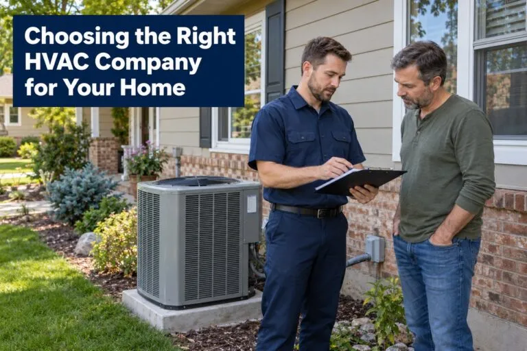 HVAC technician reviewing an estimate with a homeowner beside an air conditioner for a David’s HVAC article.