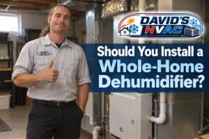 David’s HVAC technician beside a whole-home dehumidifier system for indoor humidity control in Englewood, CO and the Denver Metro area.