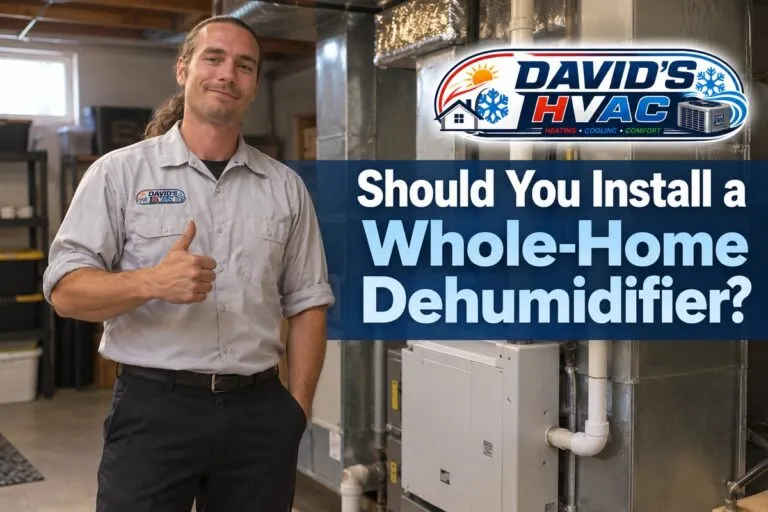 David’s HVAC technician beside a whole-home dehumidifier system for indoor humidity control in Englewood, CO and the Denver Metro area.