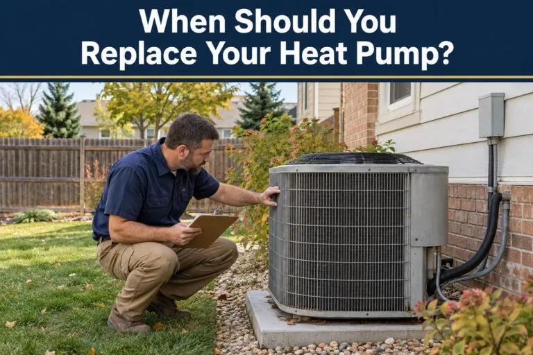 HVAC technician inspecting an aging heat pump for signs it needs replacement.