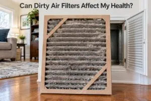 Dirty HVAC air filter clogged with dust and debris restricting airflow.