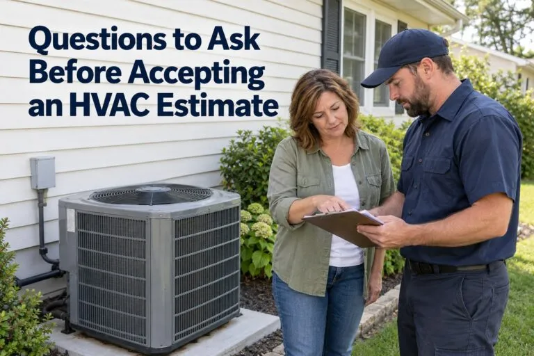 Homeowner reviewing an HVAC estimate with a technician before accepting service.
