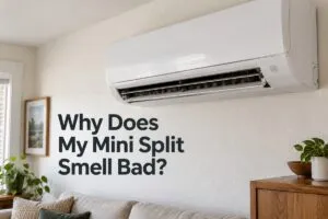 Mini split with dust buildup in the air vent that can contribute to bad smells.