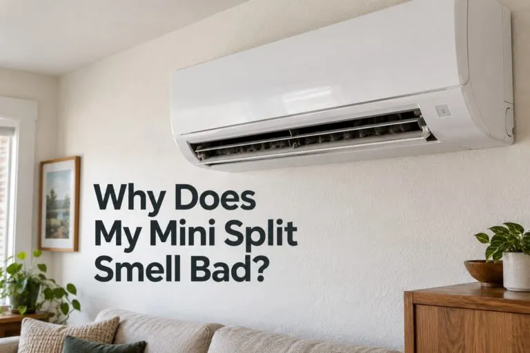 Mini split with dust buildup in the air vent that can contribute to bad smells.